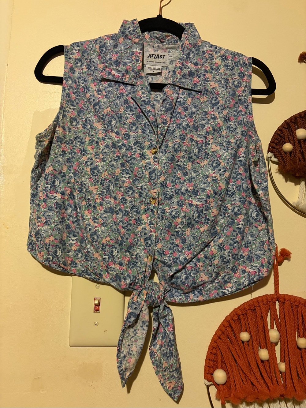 At Last Blue Floral Tie-Front Sleeveless Blouse